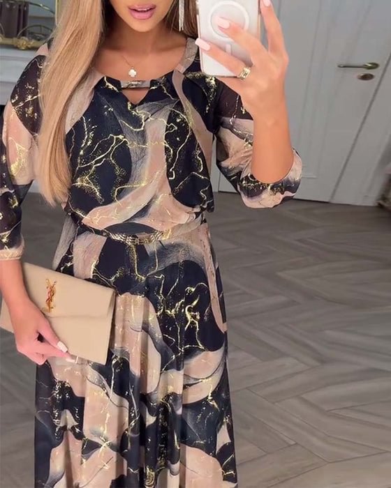 Elegantna šifonska obleka s potiskom in tričetrtinskimi rokavi-SI