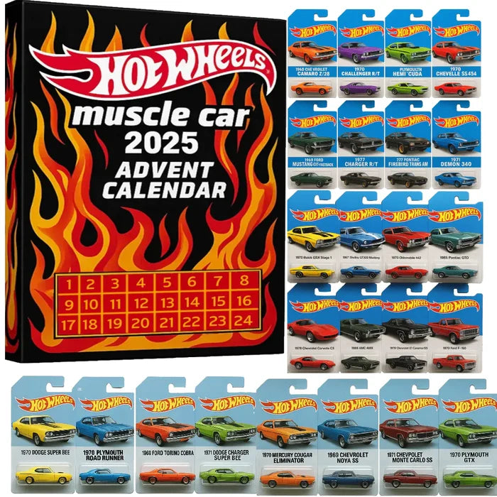 🔥Išpardavimas – 50 % nuolaida🔥 – 🚗„Hot Wheels“ žaislinių automobilių „Muscle“ advento kalendorius – 24 dienos 2025 m.🎄-LT