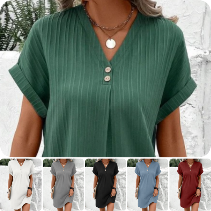 【M-3XL】🍃Vestido de mezcla de algodón y lino de color liso con botones-ES