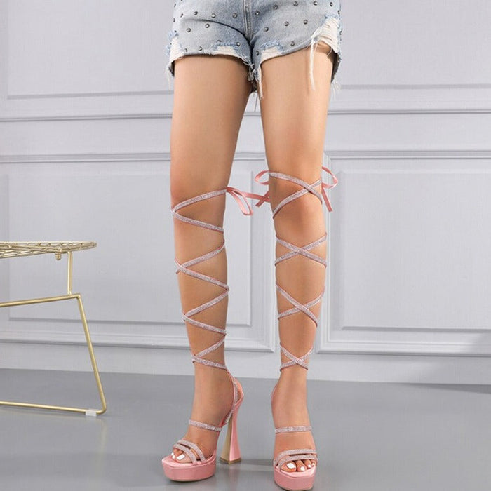 Matilda  Open Toe Rhinestone Strap Lace-Up Platform Heel Sandal