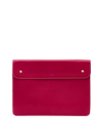 Red leather clutch bag with gold hardware on a white background