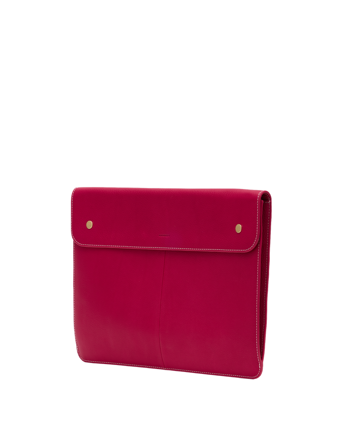 Red leather clutch bag with gold clasp on a white background