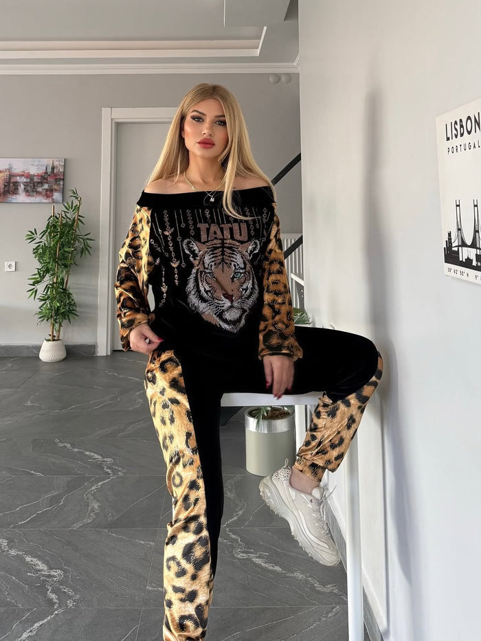 Moteriškas mados leopardo rašto tigro galvos laisvalaikio sportinis kostiumas-LT