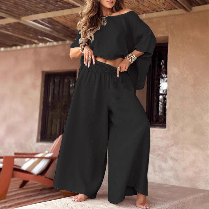 ⏳Oferta especial por tiempo limitado💕 Conjunto de dos piezas para mujer con top con hombros descubiertos y pantalón ancho-ES