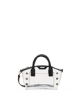A clear transparent handbag with black leather handles and trim, silver-tone studs, and a small red stitched detail on the front.