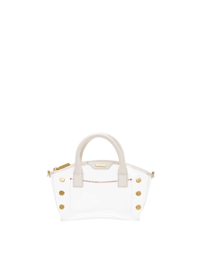 A structured white leather handbag with gold-tone hardware, featuring dual top handles, decorative gold studs, and a thin red stitched detail across the front, set against a plain white background.