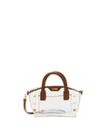 A clear vinyl handbag with brown faux-leather handles and trim, accented by gold-tone studs.