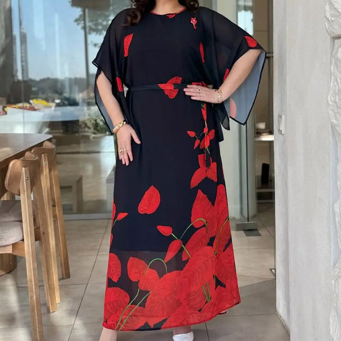 👗 Plokščios formos suknelė su apvalia iškirpte ir diržu 🌸 | Gėlių raštas | Reguliuojamas siluetas-LT