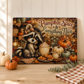 Pumpkin Spice Raccoon Glass Cutting Board – 15 × 11