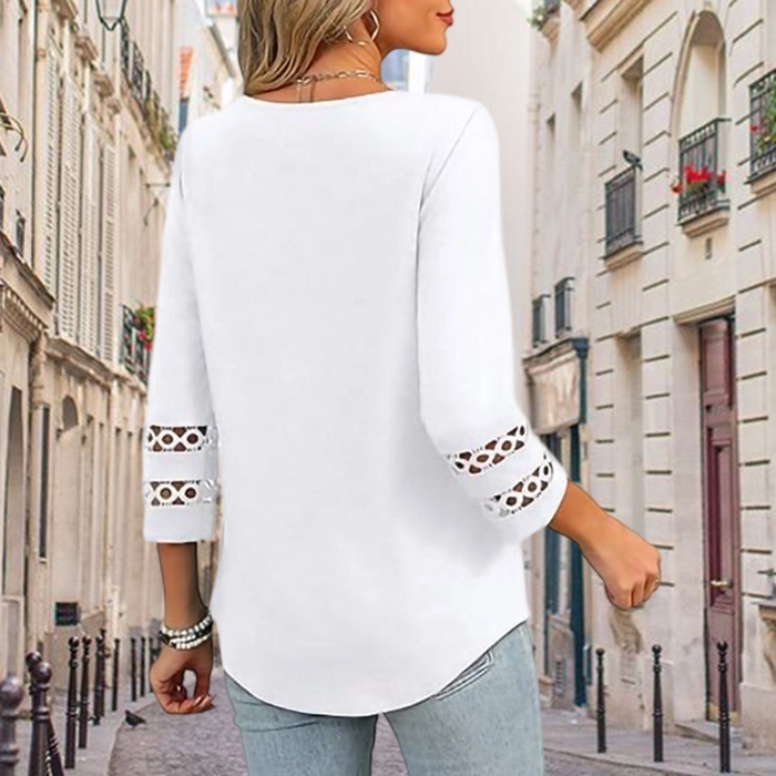 🌺[S-3XL]👚✨ Top clásico de color liso con escote en V y mangas 3/4-ES