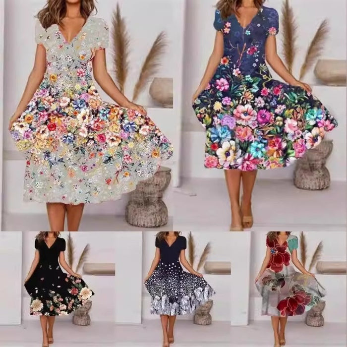 【S-4XL】🌺Vestido estampado fluido con cuello en V para mujer-ES