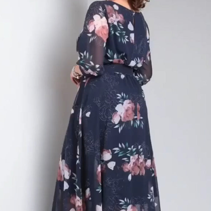 【S-4XL】🌺Vestido floral de cuello redondo con cinturón-ES
