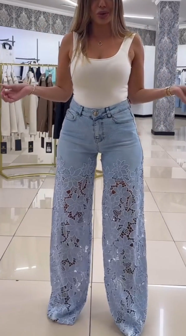 Sieviešu eleganti džinsi ar mežģīnēm-LV