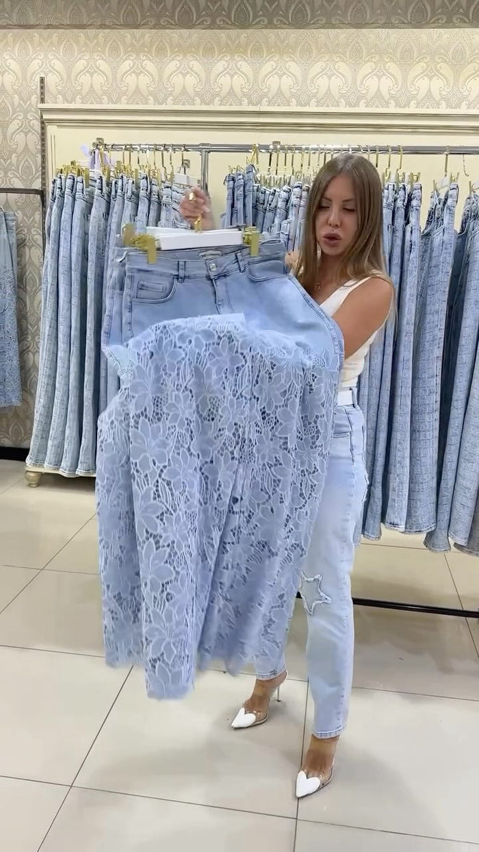 Sieviešu eleganti džinsi ar mežģīnēm-LV