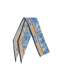 A folded silk scarf featuring a blue and beige abstract floral pattern with a thin orange stripe and dark navy borders, displayed on a clean white background.