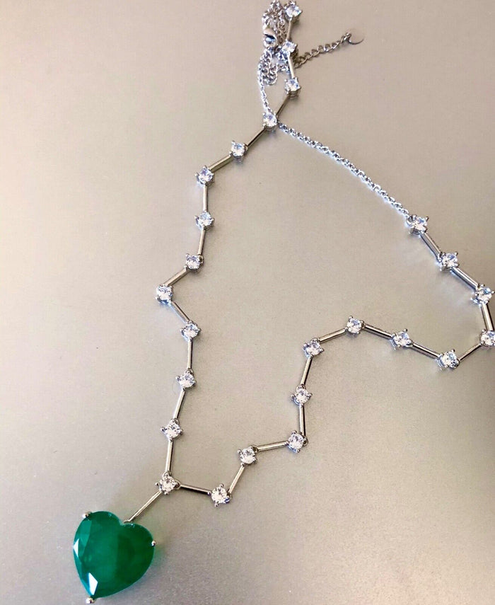Swarovski Crystal Heart Pendant Necklace In 18k White Gold Plating With Green Stone Big Sparkling Gift For Her