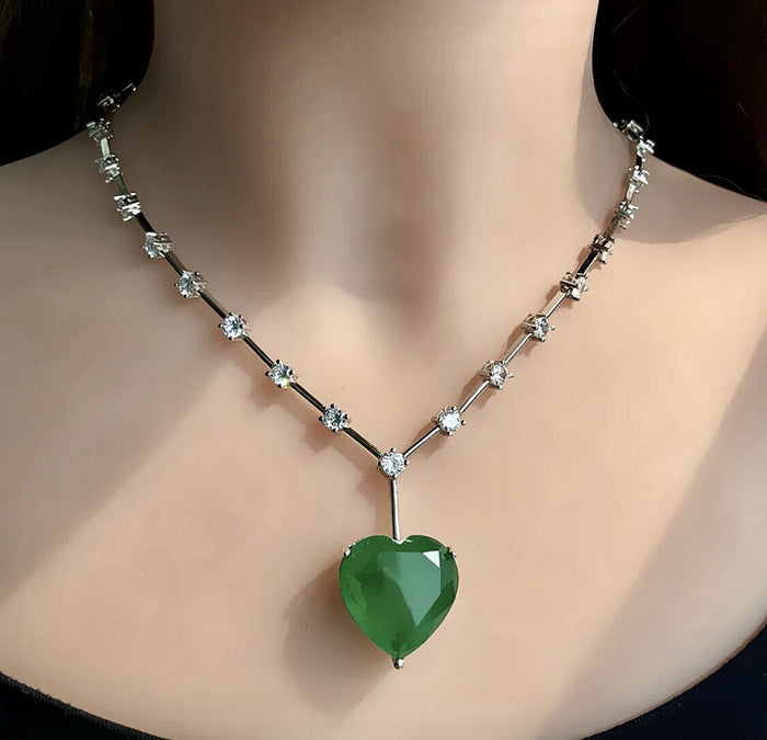 Swarovski Crystal Heart Pendant Necklace In 18k White Gold Plating With Green Stone Big Sparkling Gift For Her