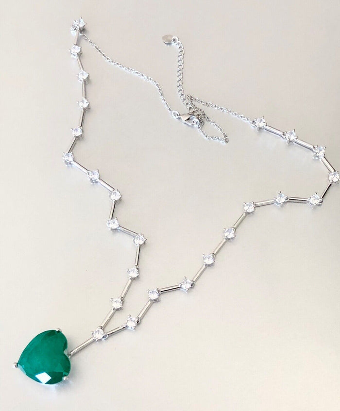 Swarovski Crystal Heart Pendant Necklace In 18k White Gold Plating With Green Stone Big Sparkling Gift For Her