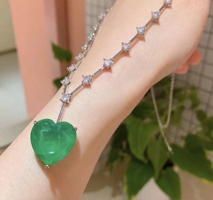 Swarovski Crystal Heart Pendant Necklace In 18k White Gold Plating With Green Stone Big Sparkling Gift For Her