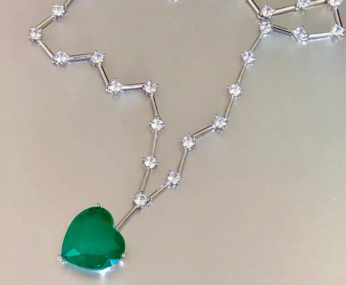 Swarovski Crystal Heart Pendant Necklace In 18k White Gold Plating With Green Stone Big Sparkling Gift For Her