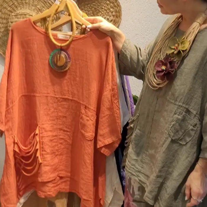 ✨Top de lino con bolsillos laterales para mujer de corte relajado-ES