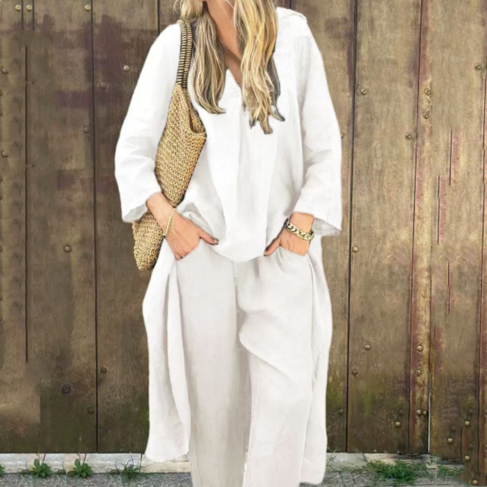 💖Traje de dos piezas de lino de verano para mujer con bolsillos y escote en pico-ES