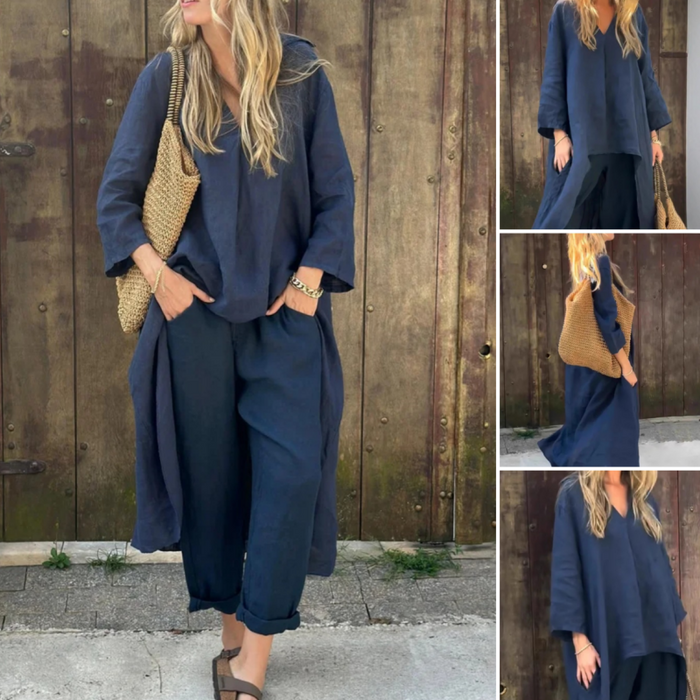 💖Traje de dos piezas de lino de verano para mujer con bolsillos y escote en pico-ES