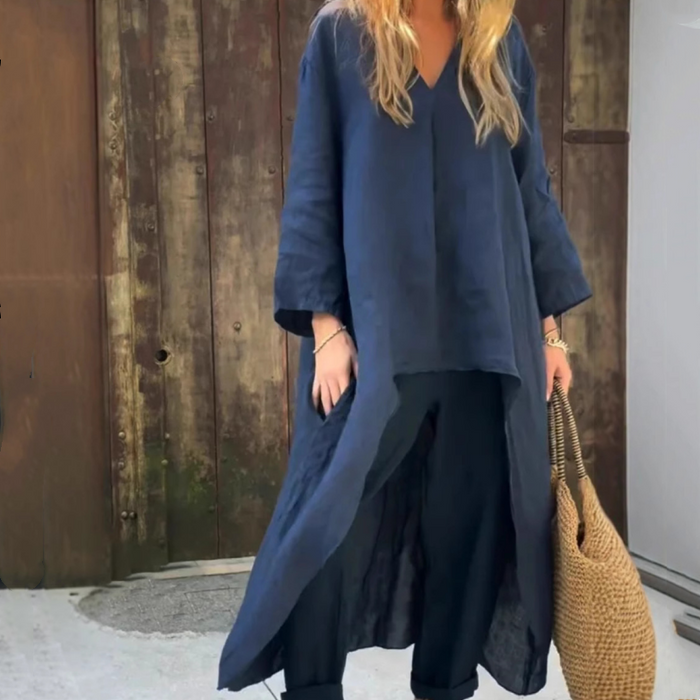 💖Traje de dos piezas de lino de verano para mujer con bolsillos y escote en pico-ES
