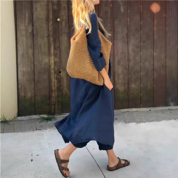 💖Traje de dos piezas de lino de verano para mujer con bolsillos y escote en pico-ES