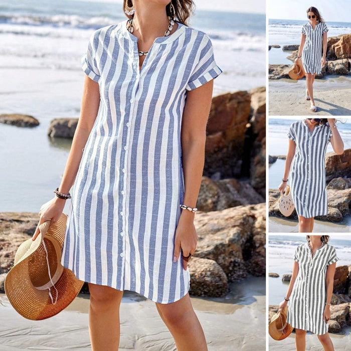 ✨Vestido camisero de rayas para mujer con botones-ES