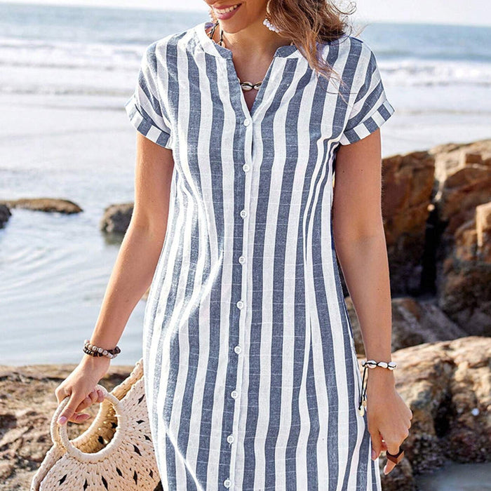 ✨Vestido camisero de rayas para mujer con botones-ES