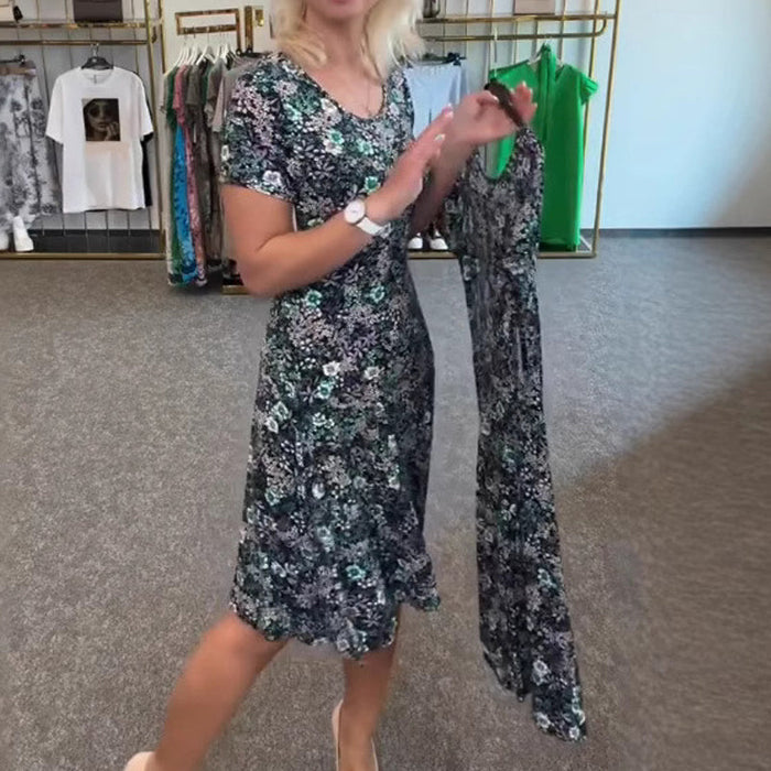 Vestido casual de mujer con estampado floral alrededor del cuello.-ES