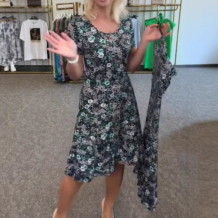 Vestido casual de mujer con estampado floral alrededor del cuello.-ES