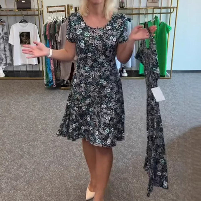 Vestido casual de mujer con estampado floral alrededor del cuello.-ES