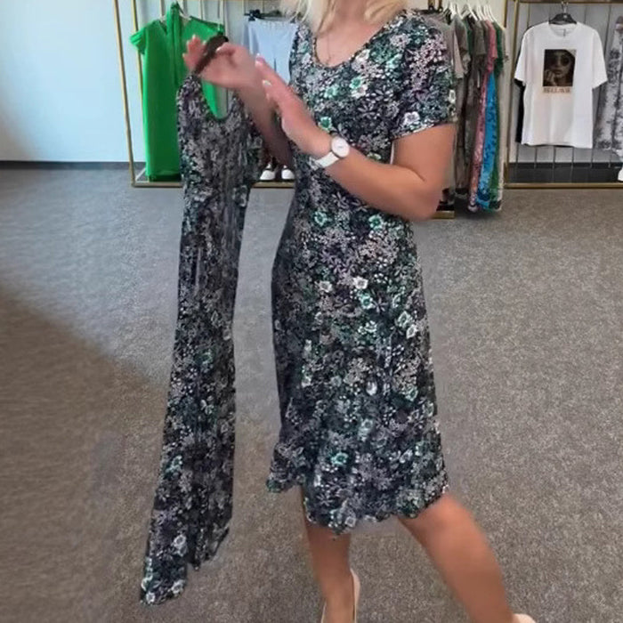 Vestido casual de mujer con estampado floral alrededor del cuello.-ES