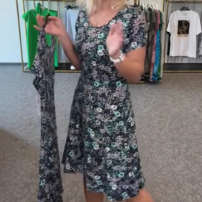 Vestido casual de mujer con estampado floral alrededor del cuello.-ES