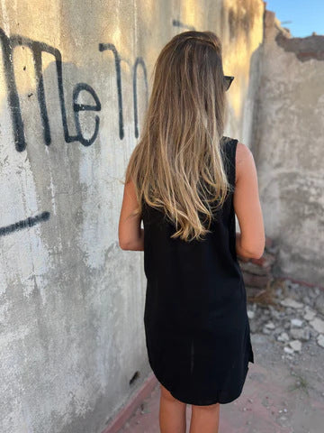 Vestido de algodón y lino de color liso para mujer-ES
