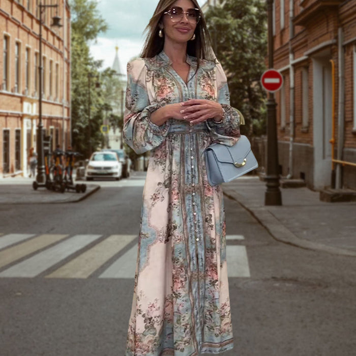 Vestido elegante con escote en pico, cintura alta, estampado floral y botones.-ES