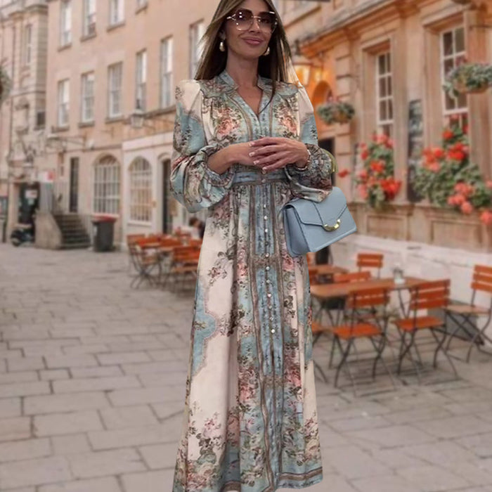 Vestido elegante con escote en pico, cintura alta, estampado floral y botones.-ES