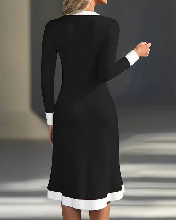 Vestido elegante de manga larga con contraste de color-ES