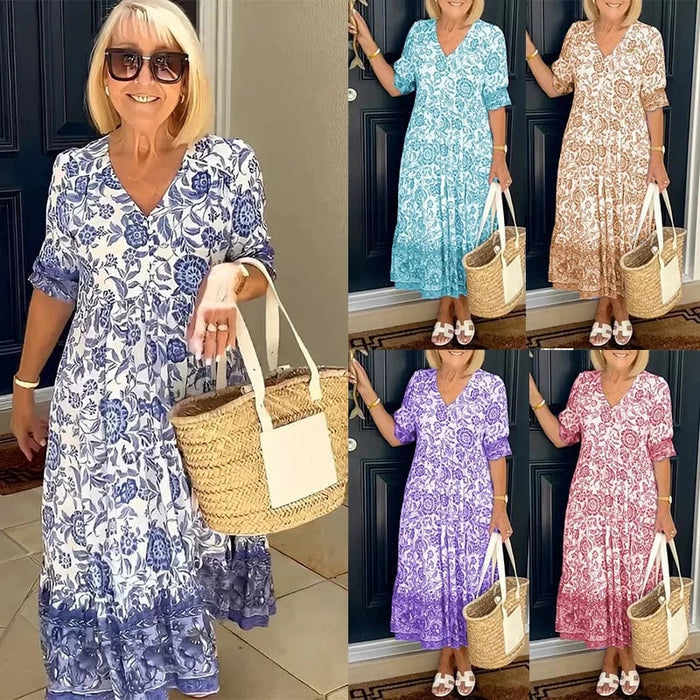 Vestido estampado con escote en pico, elegante y con estilo.-ES