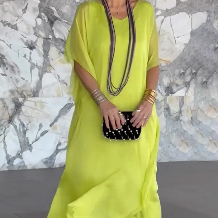 Vestido largo holgado con cuello en V y transpirable para mujer-ES