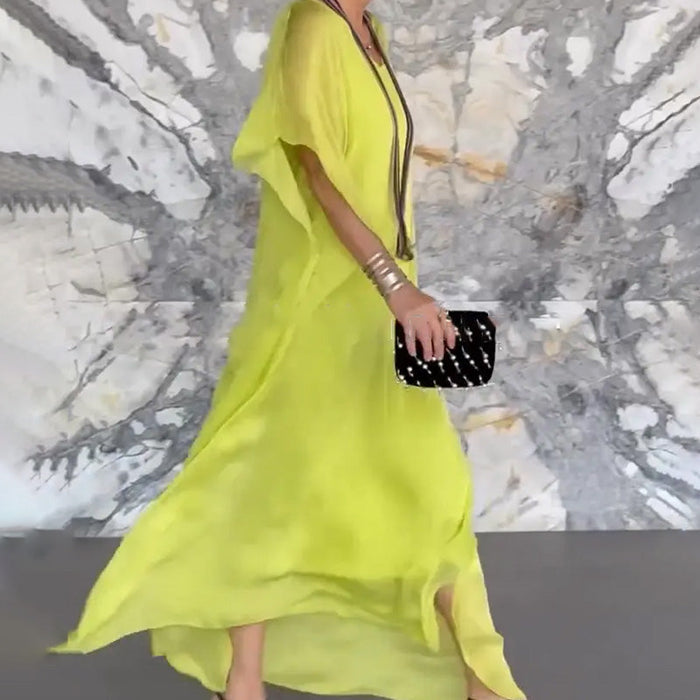Vestido largo holgado con cuello en V y transpirable para mujer-ES