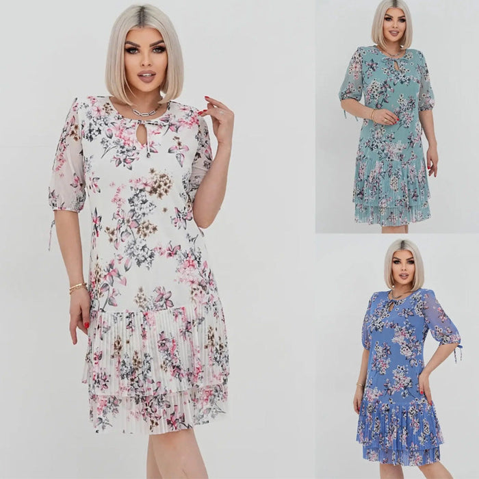 Vestido largo plisado de manga corta elegante para mujer-ES