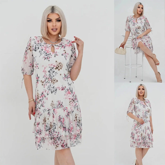 Vestido largo plisado de manga corta elegante para mujer-ES