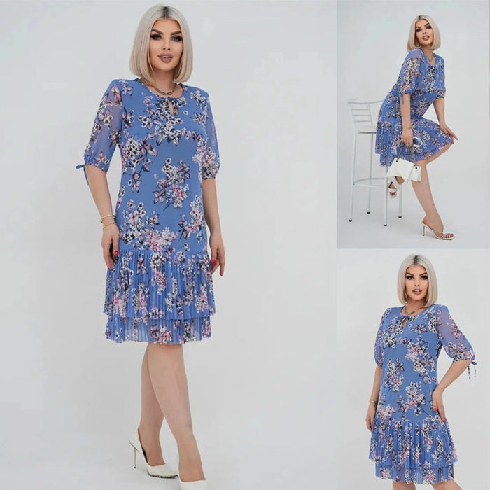 Vestido largo plisado de manga corta elegante para mujer-ES