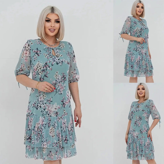 Vestido largo plisado de manga corta elegante para mujer-ES