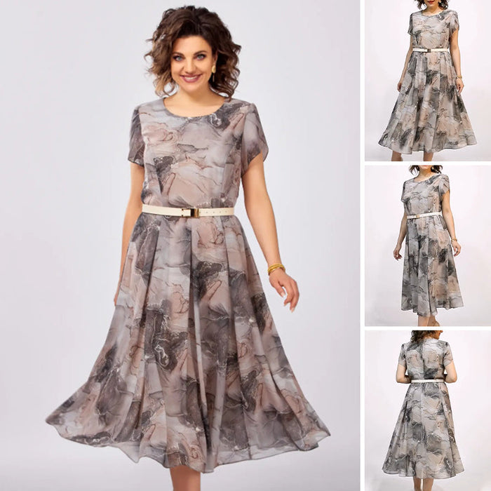 Vestido midi elegante de manga corta con cuello redondo para mujer-ES