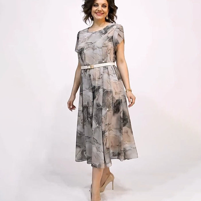 Vestido midi elegante de manga corta con cuello redondo para mujer-ES