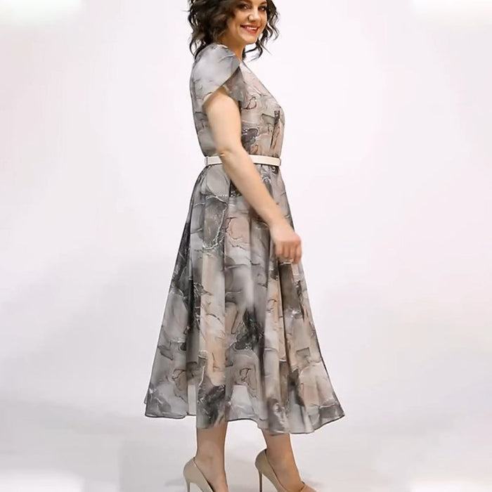 Vestido midi elegante de manga corta con cuello redondo para mujer-ES
